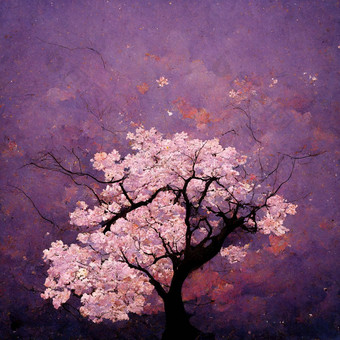 图片樱桃开花紫色的天空