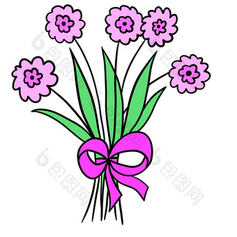 手画插图花花束粉红色的花绿色叶子丝带弓简单的极简主义卡通涂鸦设计春天夏天问候卡优雅的花园开花布鲁姆画黑色的行大纲风格