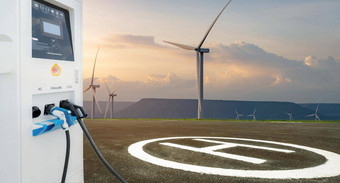 电车辆充电站沥青停机坪风涡轮机农场平台直升机可持续发展的可再生能源绿色权力可持续发展的发展可持续发展的资源