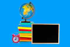 书全球时钟黑板上蓝色的背景回来学校概念空间文本
