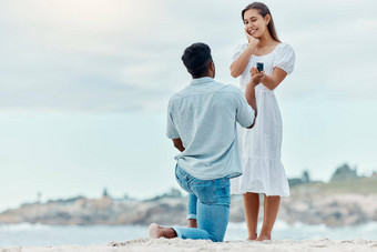 海滩建议订婚惊喜女人<strong>爱护</strong>理的关系承诺年轻的订婚了快乐结婚夫妇夏天海边日期特殊的浪漫婚姻在户外