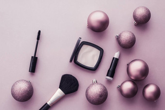 化妆化妆品产品集美品牌圣诞节出售<strong>促销</strong>活动奢侈品<strong>紫色</strong>的平铺背景假期设计