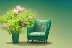 绿色扶手椅色彩斑斓的花柔和的绿色背景风格动漫风格