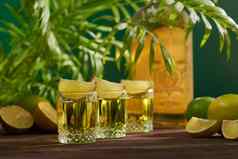 瓶眼镜龙舌兰酒石灰木表格传统的墨西哥含酒精的饮料含酒精的鸡尾酒石灰杜松子酒喝服务眼镜酸橙