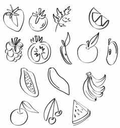 简单的集水果大纲ollustration素食者健康的食物草图食物菜单插图