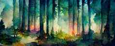 可爱的魔法彩色的模糊多雾的森林树说明摘要散景光