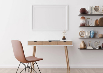 空图片框架白色墙现代首页办公室模拟室内斯堪的那维亚风格免费的空间复制空间图片文本设计桌子上椅子木条镶花之地板呈现