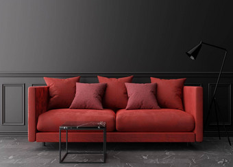 空黑色的墙现代生活房间模拟室内经典风格免费的空间复制空间图片文本设计红色的沙发大理石咖啡表格灯呈现