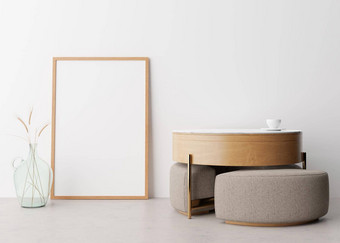 空垂直图片框架白色墙现代生活房间模拟室内极简主义斯堪的那维亚风格免费的空间图片木表格干草玻璃花瓶呈现
