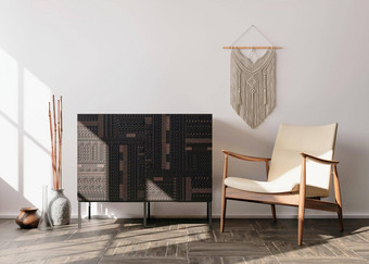 空白色墙现代生活房间模拟室内斯堪的那维亚放荡不羁的风格免费的空间复制空间图片文本设计木控制台扶手椅流苏花边呈现