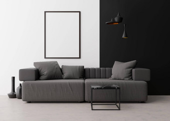 空垂直图片框架白色墙现代生活房间模拟室内当代风格免费的空间图片灰色的沙发黑色的大理石咖啡表格灯花瓶呈现