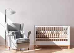 空白色墙现代孩子房间模拟室内当代风格免费的空间复制空间图片文本设计婴儿床上扶手椅舒适的房间孩子们呈现