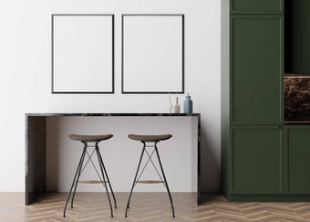 空垂直图片帧白色墙现代厨房模拟室内极简主义当代风格免费的空间复制空间图片海报表格椅子呈现