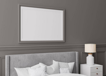 空白水平图片框架灰色的墙卧室模拟海报框架现代室内免费的空间复制空间设计床上餐具柜灯渲染插图