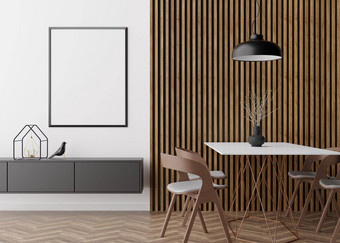 空垂直图片框架白色墙现代餐厅房间模拟室内极简主义当代风格免费的空间复制<strong>空间图片</strong>餐厅表格椅子灯呈现