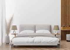 空白色墙现代舒适的卧室模拟室内当代风格免费的空间复制空间图片文本设计床上灯木条镶花之地板彭巴斯草原草呈现