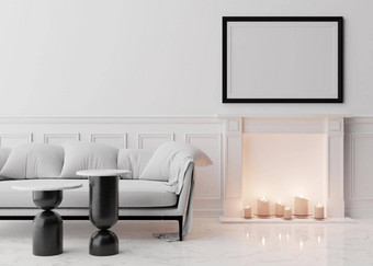 空黑色的图片框架白色墙现代生活房间模拟室内经典风格免费的空间复制空间图片白色沙发表壁炉蜡烛呈现
