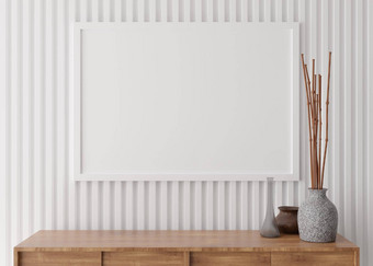 空图片框架白色墙现代生活房间模拟室内极简主义斯堪的那维亚风格免费的空间图片木控制台花瓶干植物呈现