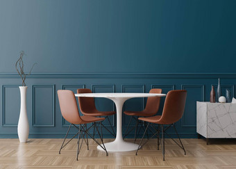 空蓝色的墙现代餐厅房间模拟室内经典风格免费的空间复制空间图片文本设计这表格棕色（的）椅子木条镶花之地板地板上呈现
