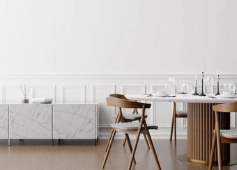 空白色墙现代餐厅房间模拟室内当代风格免费的空间复制空间图片文本设计餐厅表格椅子木条镶花之地板地板上呈现