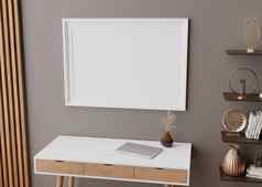 空图片框架棕色（的）墙现代首页办公室模拟室内斯堪的那维亚风格免费的空间复制空间图片文本设计桌子上架子上装饰呈现