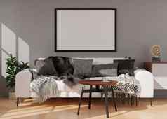 空黑色的图片框架灰色的墙现代生活房间模拟室内当代风格免费的空间复制空间图片海报沙发餐具柜植物呈现