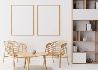 空垂直图片帧白色墙现代生活房间模拟室内斯堪的那维亚放荡不羁的风格免费的空间图片海报藤扶手椅表格货架上呈现