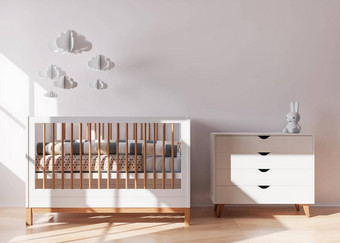 空白色墙现代孩子房间模拟室内当代风格免费的空间复制空间图片文本设计婴儿床上控制台舒适的房间孩子们呈现