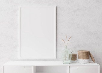 空垂直图片框架白色墙现代生活房间模拟室内极简主义斯堪的那维亚风格免费的空间图片控制台藤篮子干草花瓶呈现