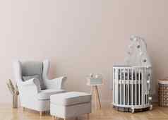 空奶油墙现代孩子房间模拟室内斯堪的那维亚风格免费的复制空间图片海报婴儿床上扶手椅彭巴斯草原草花瓶舒适的房间孩子们呈现