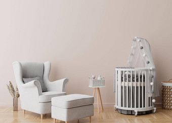 空奶油墙现代孩子房间模拟室内斯堪的那维亚风格免费的复制空间图片<strong>海报</strong>婴儿床上扶手椅彭巴斯草原草花瓶舒适的房间孩子们呈现