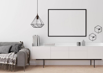 空黑色的图片框架白色墙现代生活房间模拟室内当代风格免费的空间复制空间图片海报沙发餐具柜灯书呈现
