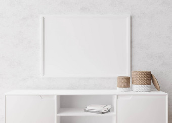 空水平图片框架白色墙现代生活房间模拟室内极简主义斯堪的那维亚风格免费的复制空间图片控制台藤篮子呈现