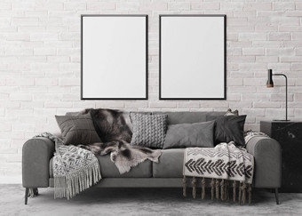 空垂直图片帧白色砖墙现代生活房间模拟室内当代风格免费的空间图片海报沙发控制台灯呈现
