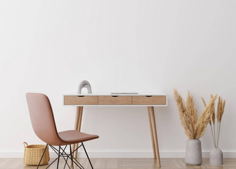 空白色墙现代首页办公室模拟室内斯堪的那维亚放荡不羁的风格免费的空间复制空间图片海报桌子上椅子彭巴斯草原草藤篮子呈现