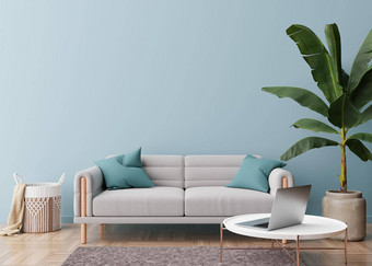 空光蓝色的墙现代生活房间模拟室内当代斯堪的那维亚风格<strong>免费</strong>的复制空间图片<strong>海报</strong>文本设计沙发植物表格呈现