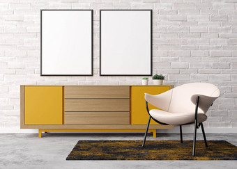 空垂直图片帧白色砖墙现代生活房间模拟室内当代风格免费的空间图片海报扶手椅黄色的餐具柜植物呈现