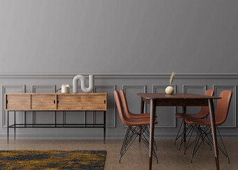 空灰色的墙现代餐厅房间模拟室内当代风格免费的空间复制空间图片文本设计餐厅表格椅子木条镶花之地板地板上呈现