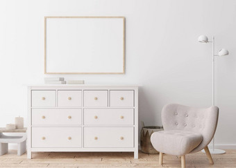 空水平图片框架白色墙现代生活房间模拟室内斯堪的那维亚风格免费的复制空间图片海报扶手椅餐具柜灯书呈现