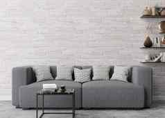 空白色砖墙现代生活房间模拟室内当代风格免费的空间复制空间图片文本设计沙发表格货架上呈现