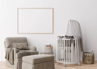 空水平图片框架白色墙现代孩子房间模拟室内斯堪的那维亚风格免费的复制空间图片婴儿床上扶手椅舒适的房间孩子们呈现