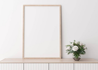 空垂直图片框架白色墙现代生活房间模拟室内极简主义斯堪的那维亚风格免费的空间图片控制台花花瓶呈现