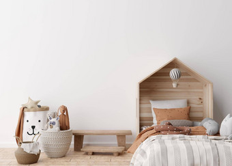 空白色墙现代孩子房间模拟室内斯堪的那维亚风格免费的复制空间图片海报床上藤篮子玩具舒适的房间孩子们呈现