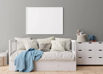 空水平图片框架灰色的墙现代孩子房间模拟室内斯堪的那维亚风格免费的复制空间图片床上控制台玩具舒适的房间孩子们呈现