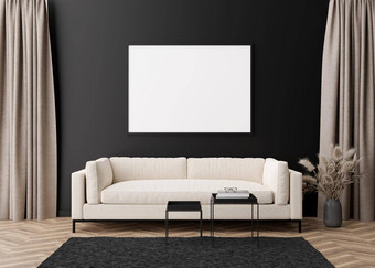 空水平图片框架黑色的墙现代生活房间模拟室内当代风格免费的复制空间图片海报沙发表格彭巴斯草原草花瓶呈现
