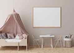 空水平图片框架奶油墙现代孩子房间模拟室内斯堪的那维亚风格免费的复制空间图片海报床上玩具舒适的房间孩子们呈现