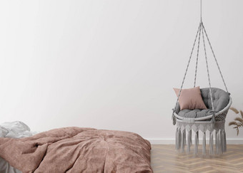 空白色墙现代舒适的卧室模拟室内极简主义当代风格免费的空间复制空间图片文本设计床上挂扶手椅呈现