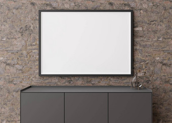 空水平图片框架棕色（的）石头墙现代生活房间模拟室内当代风格免费的复制空间图片海报控制台玻璃花瓶呈现