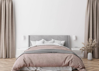 空白色墙现代舒适的卧室模拟室内极简主义当代风格免费的空间复制空间图片文本设计床上彭巴斯草原草呈现