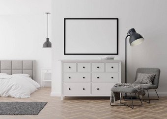 空图片框架白色墙现代卧室模拟室内当代风格免费的复制空间图片海报床上扶手椅控制台灯呈现